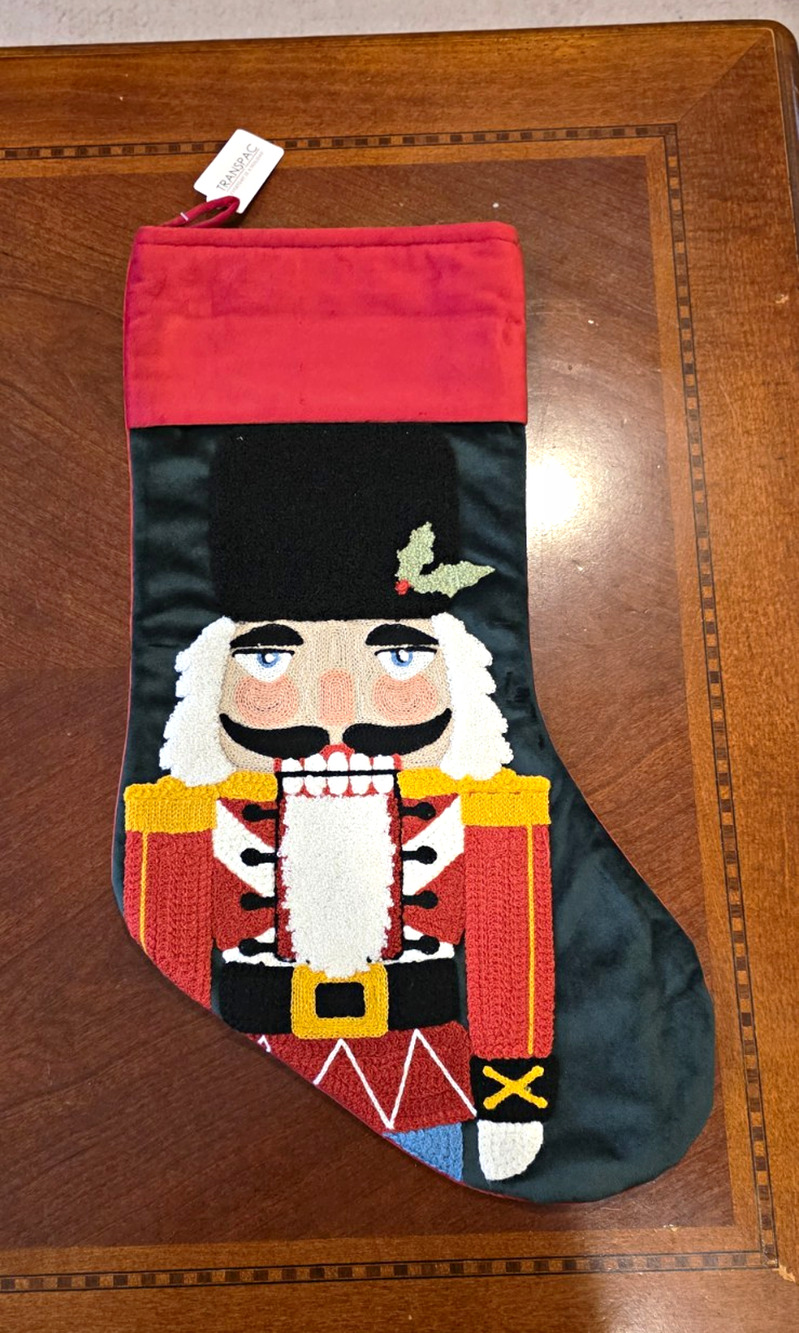 Transpac Embroidered Nutcracker Christmas Stocking Fabric 19in Red/Green Y9002